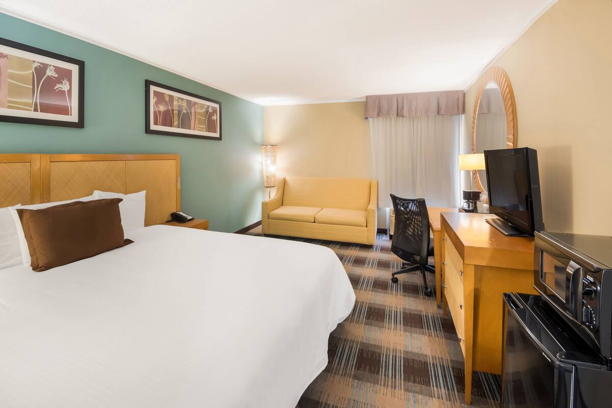 A hotel room with a large bed, a sofa, a desk with a TV, and a mirror.