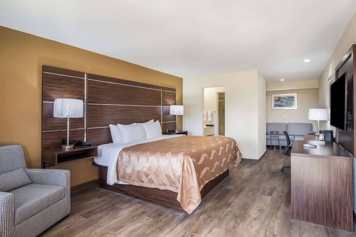 A hotel room with a large bed, a desk, a chair, and a television.