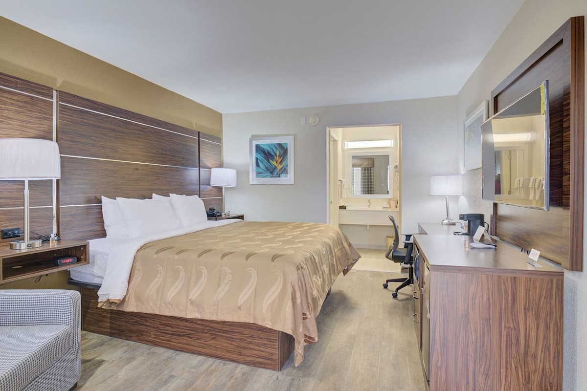 Down comforters, desk, laptop workspace, blackout drapes