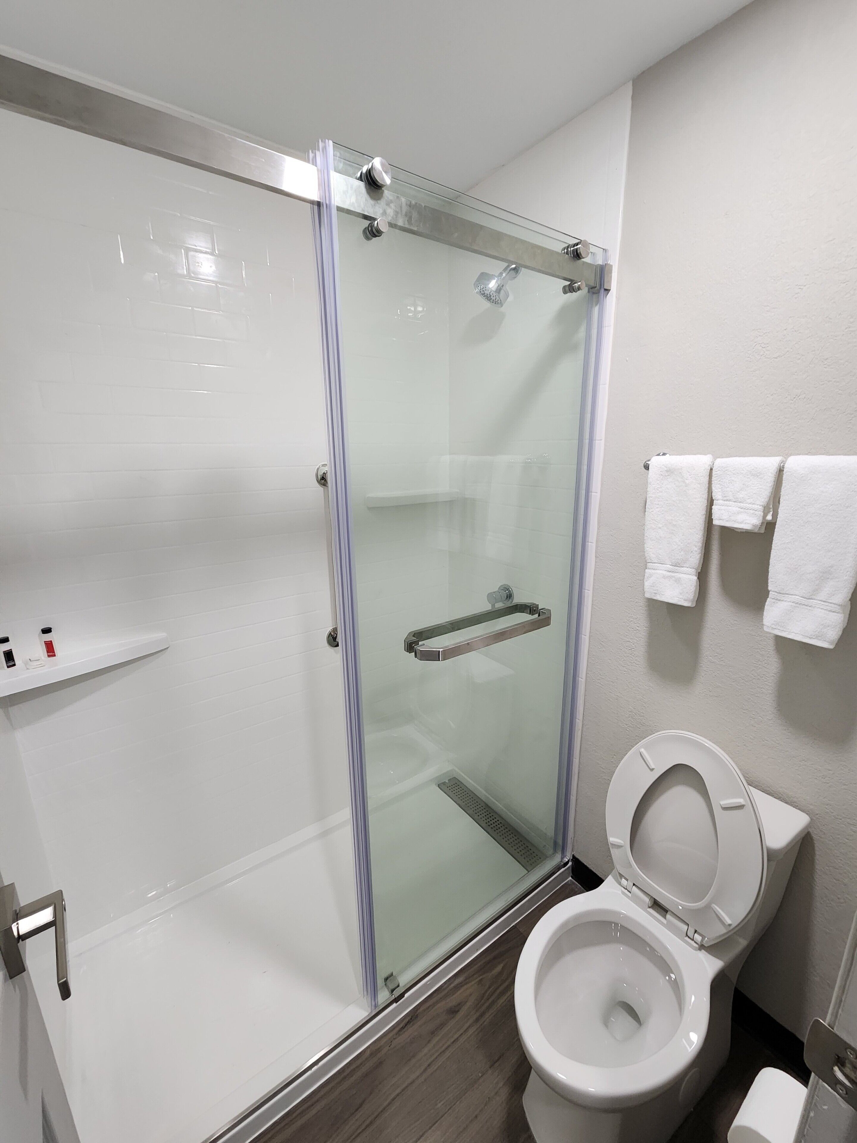 Un baño con ducha de vidrio, inodoro y estante con artículos de aseo.