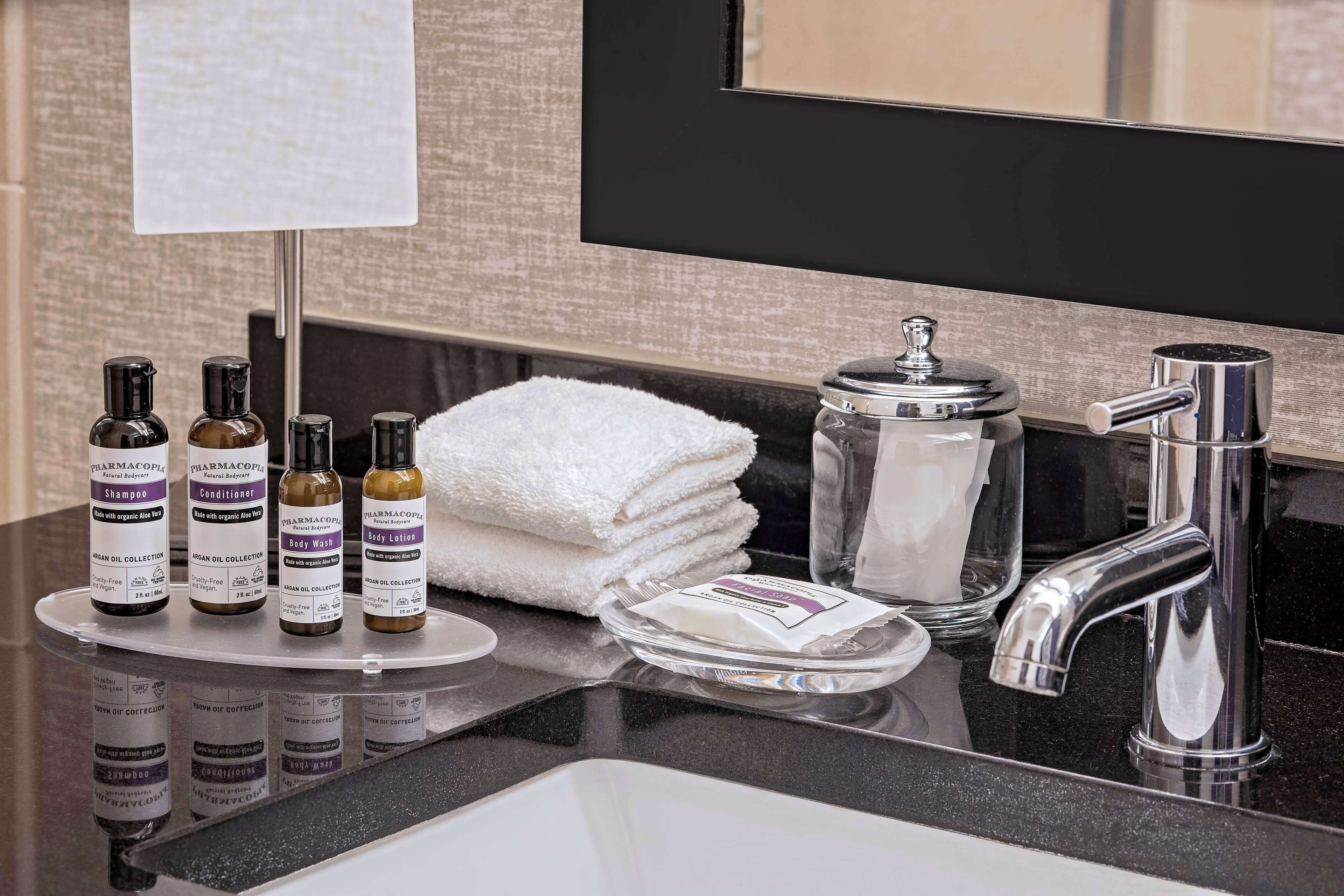 Ein Badezimmer-Waschtisch mit schwarzer Arbeitsplatte, einem silbernen Wasserhahn, einem Spiegel und Toilettenartikeln wie Shampoo, Conditioner, Duschgel und Lotion.