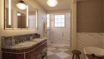 Combined shower/bathtub, eco-friendly toiletries, hair dryer, bathrobes