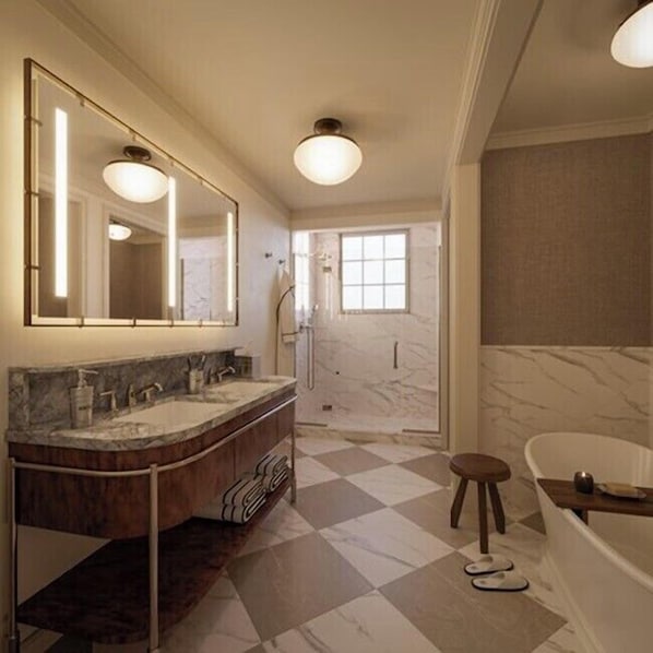 Combined shower/tub, eco-friendly toiletries, hair dryer, bathrobes