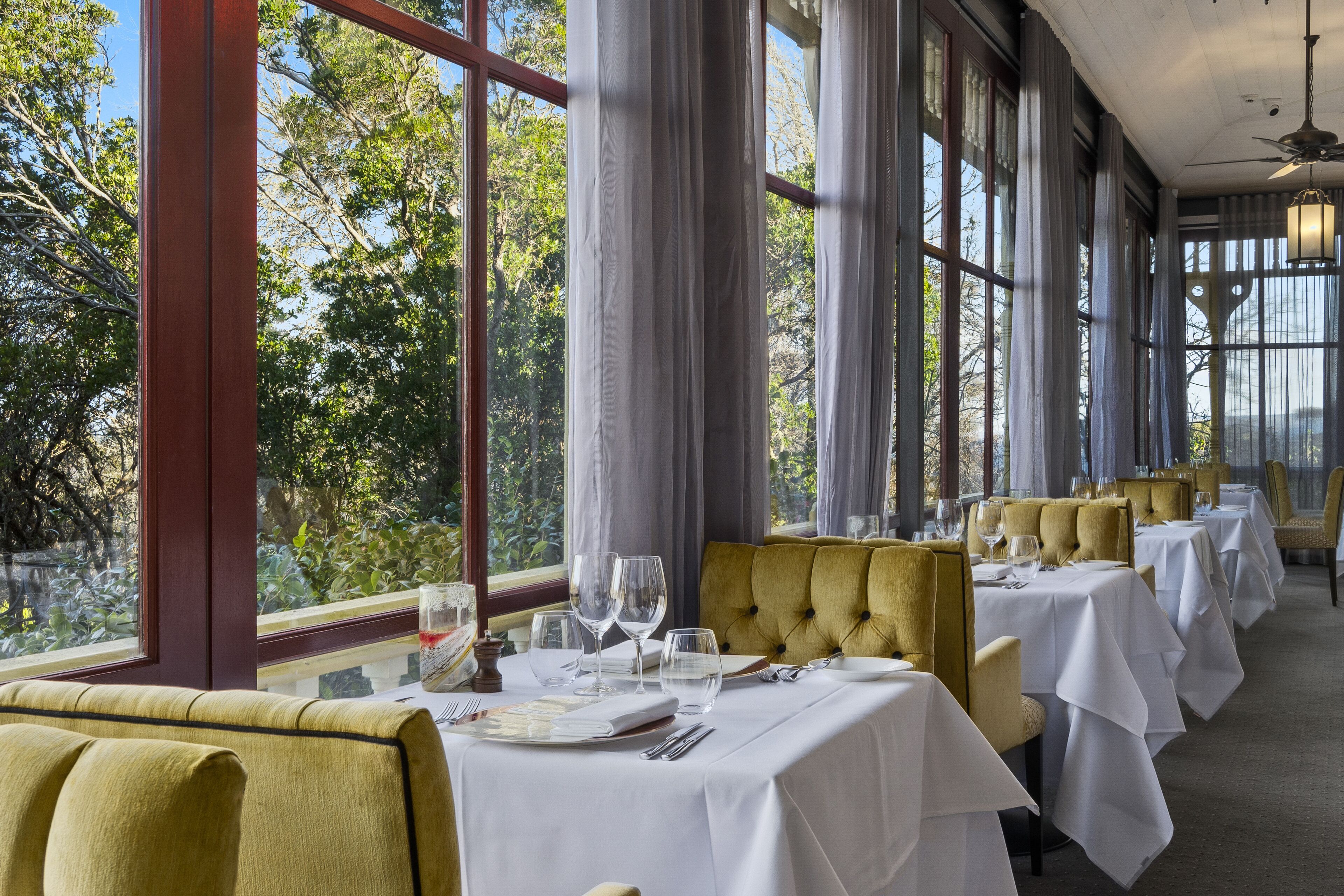 A restaurant with tables set for dining, large windows, and a view of trees.