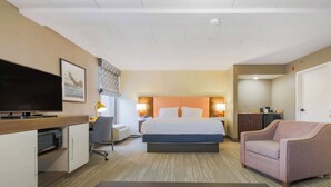A hotel room with a bed, a desk with a flat-screen TV, a chair, a sofa, and a microwave.