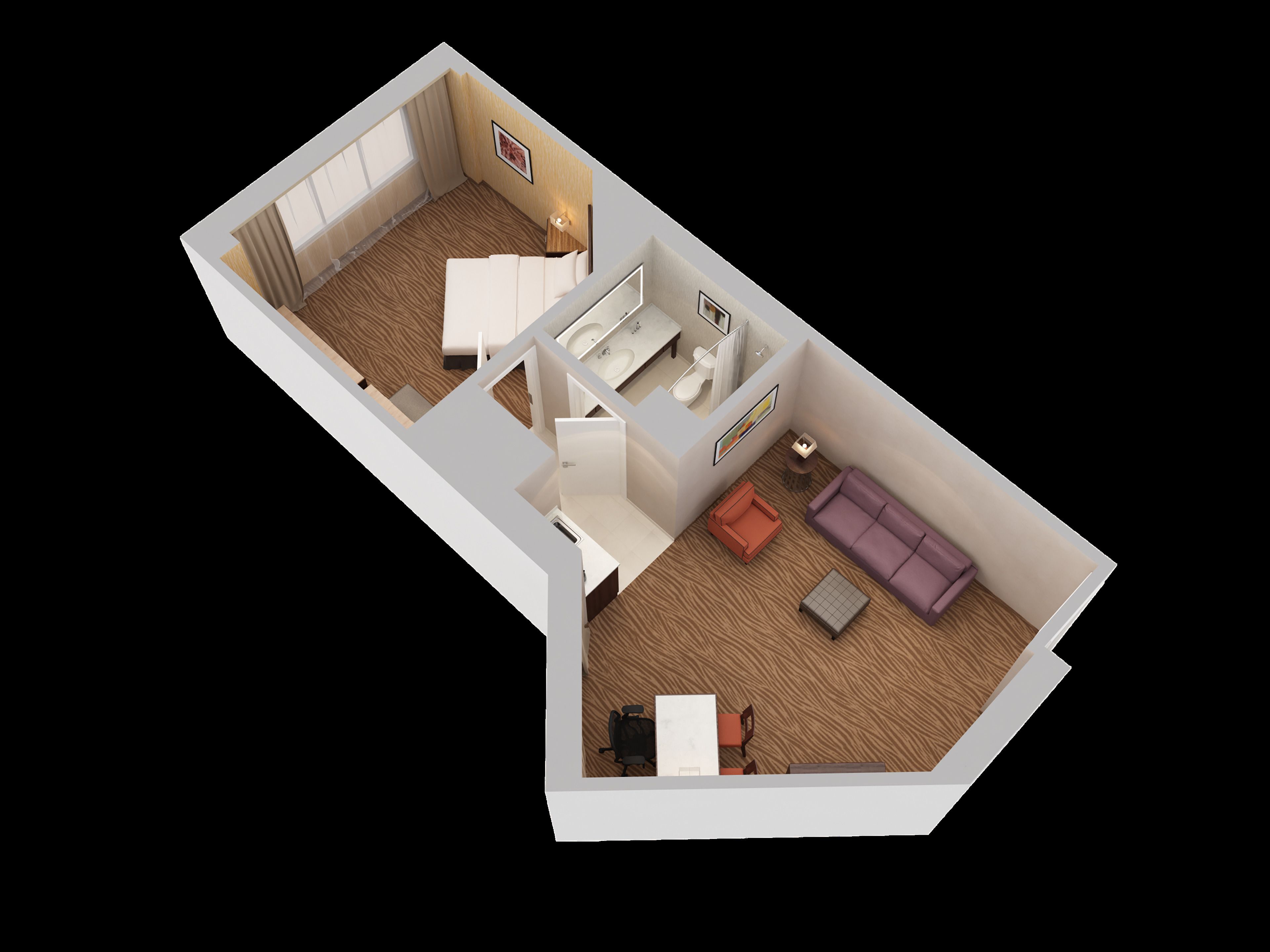 A 3D floor plan of a hotel room with a bed, a desk, a chair, a sofa, a small table, and a bathroom.