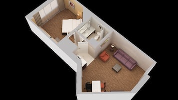 A 3D floor plan of a hotel room with a bed, a desk, a chair, a sofa, a small table, and a bathroom.