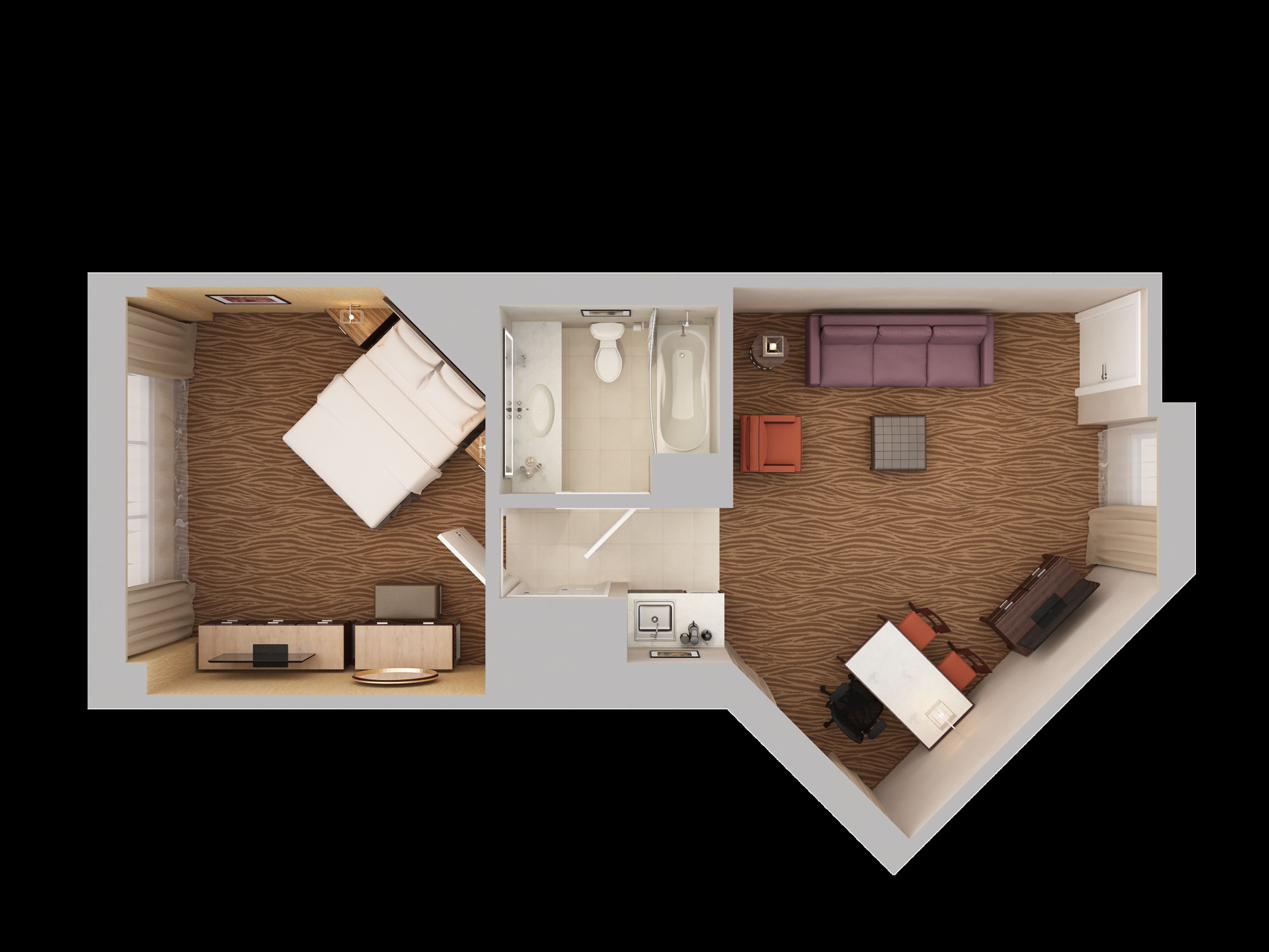 A 2-bedroom apartment layout with a bathroom, kitchenette, and a living area.