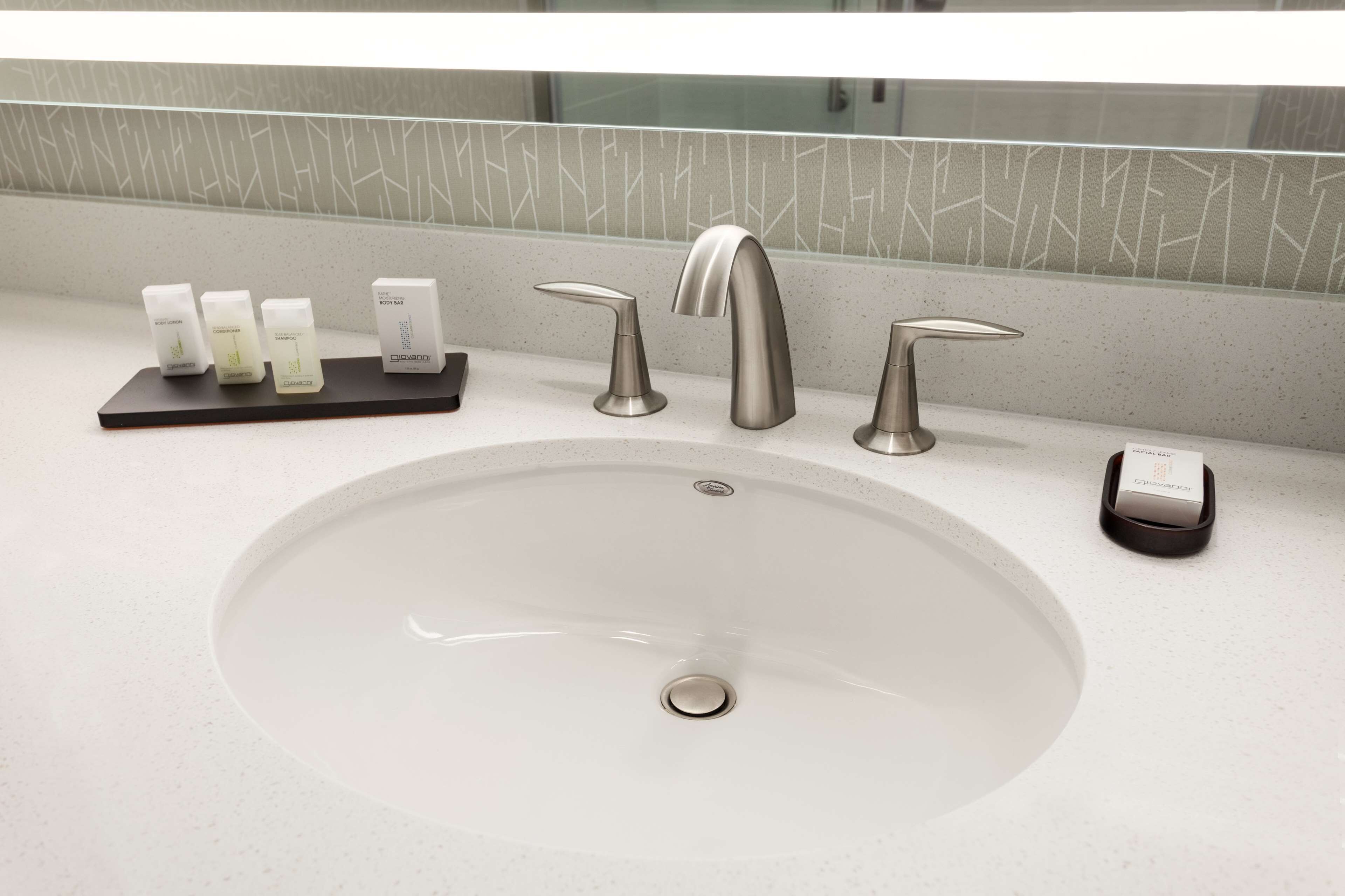 Un baño moderno con un lavamanos grande de color blanco, dos grifos y un dispensador de jabón sobre una bandeja negra.