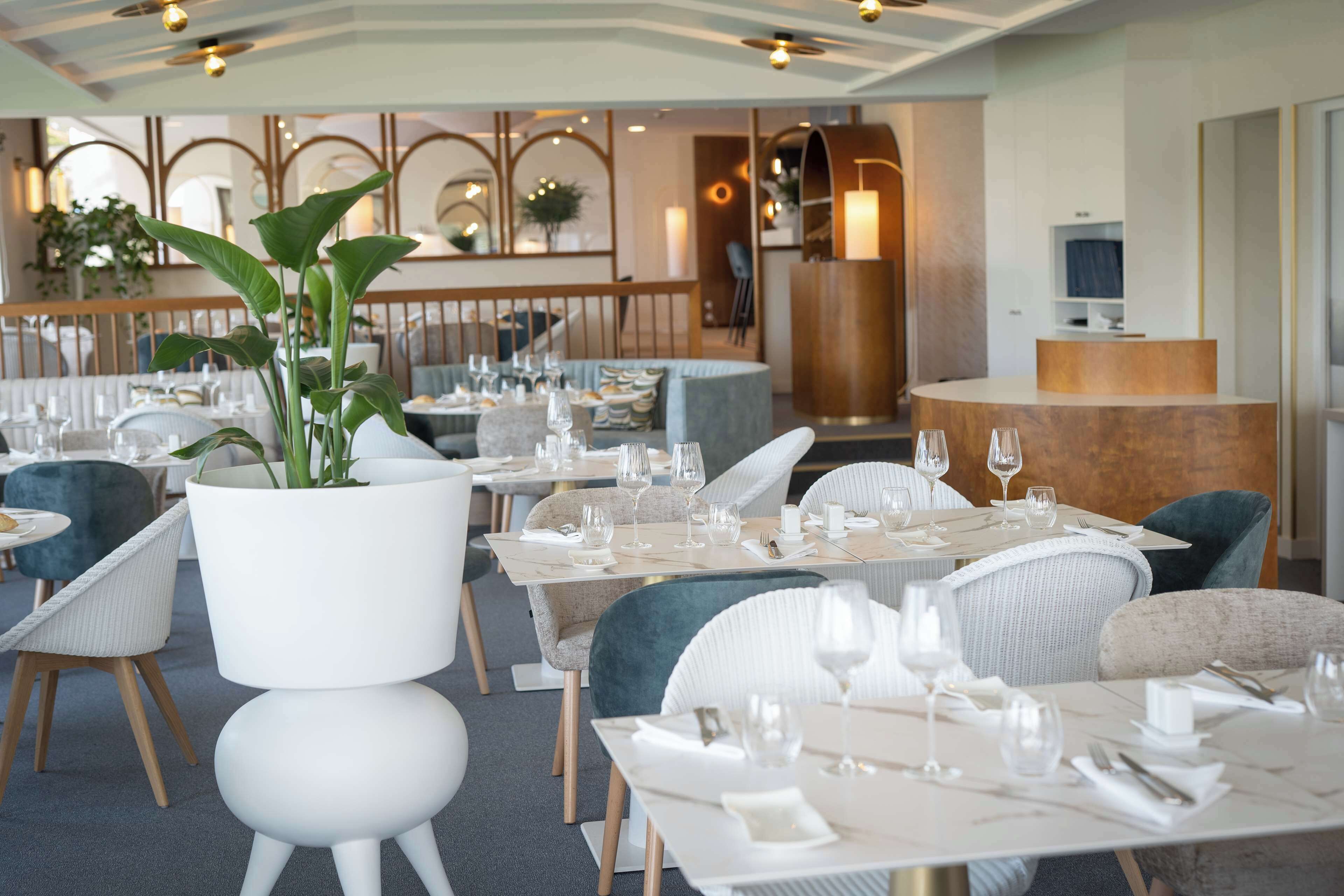 Un restaurante con mesas redondas, sillas blancas y una gran planta en maceta.