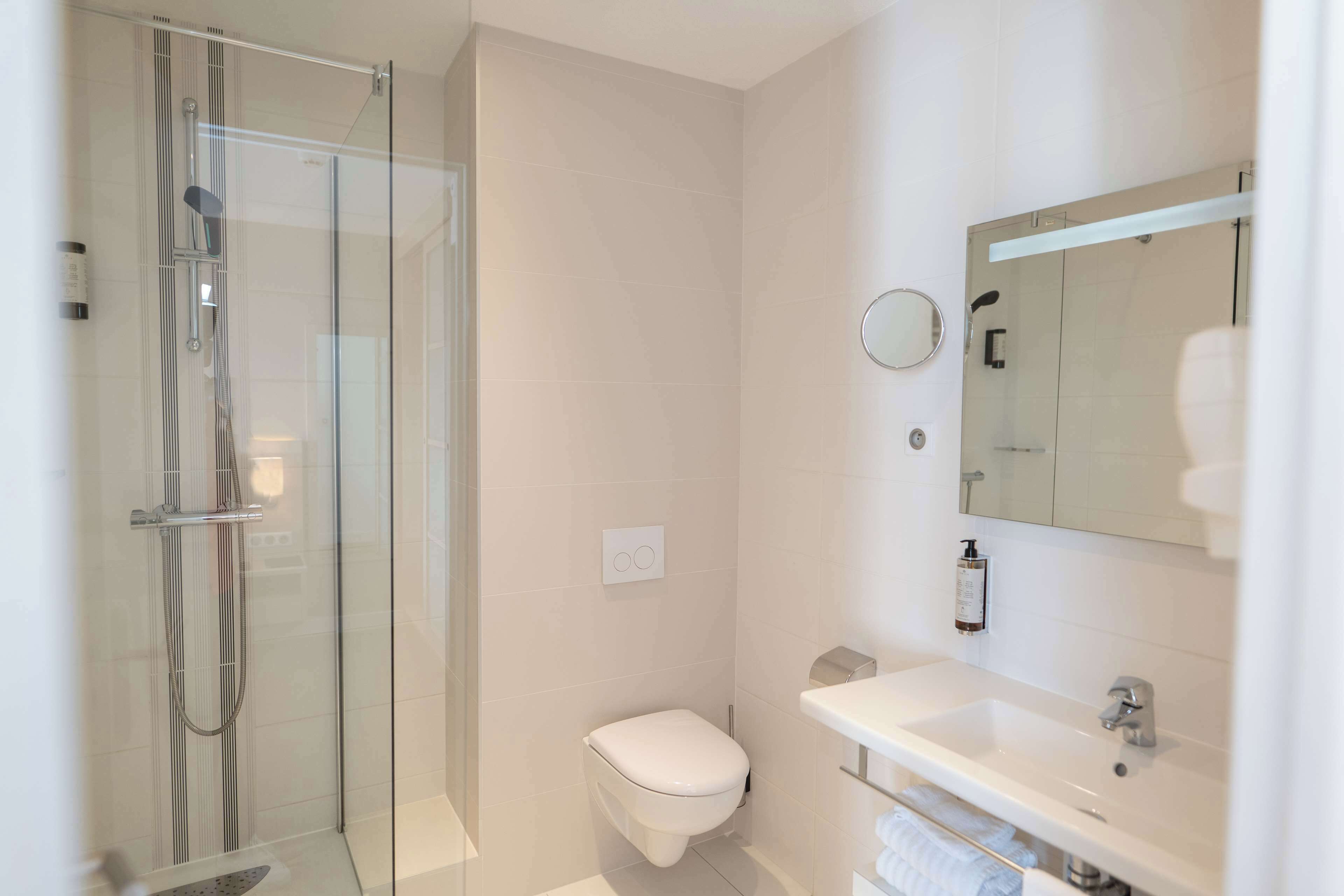 combined shower/bathtub, free toiletries, hair dryer, towels