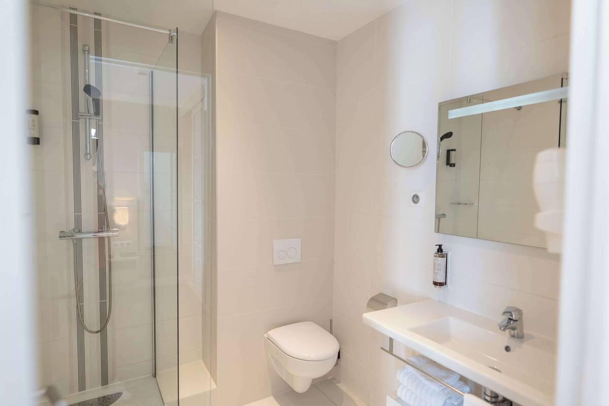 combined shower/bathtub, free toiletries, hair dryer, towels