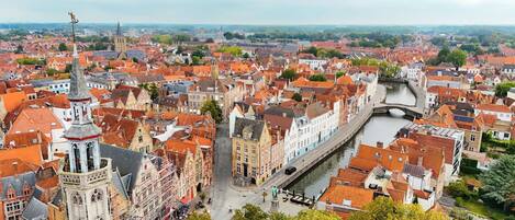 Un paysage urbain d’importance historique, avec un clocher d’église imposant, une rivière qui traverse le centre-ville et un mélange de bâtiments traditionnels et modernes.