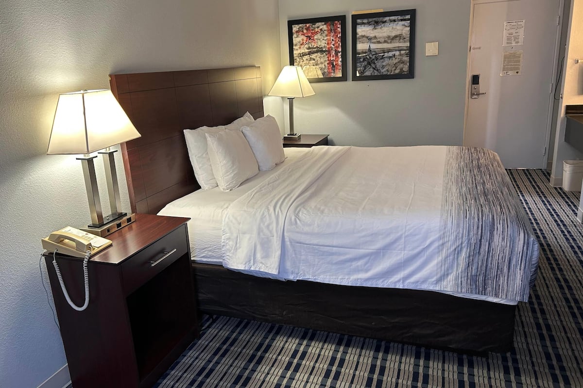 Habitación de hotel con una cama grande, dos lámparas de noche, una mesita de noche de madera con un teléfono y una alfombra estampada.