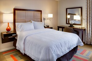 Premium bedding, desk, laptop workspace, iron/ironing board