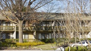 A multi-story building with balconies, a tree in the foreground, and a parked car. - Tall Trees Ainslie Motel (Ainslie)