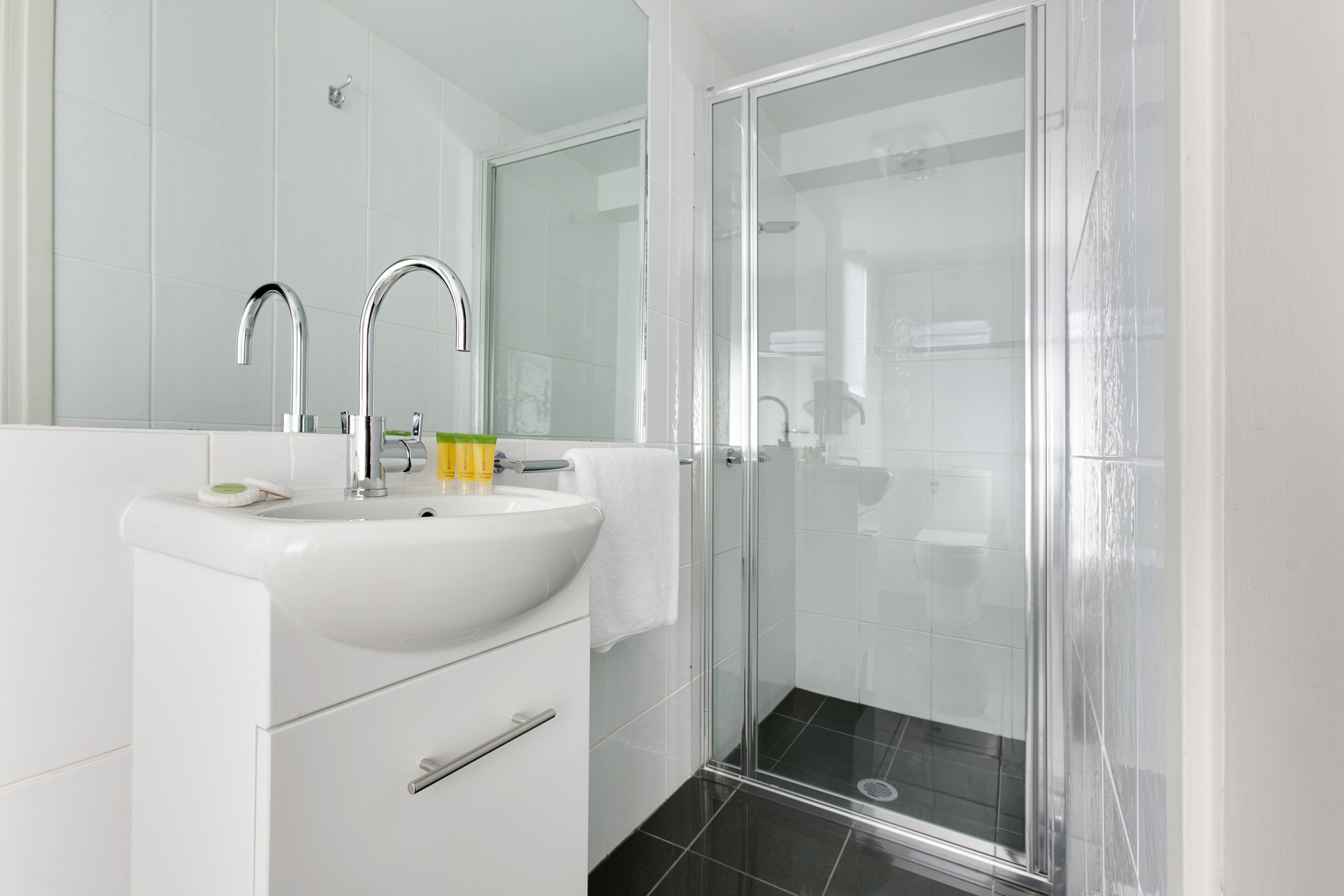 Shower, eco-friendly toiletries, hair dryer, towels