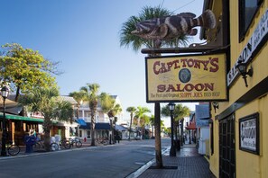 A street view with a sign for "Capt. Tony's Saloon" and a fish sculpture above it.