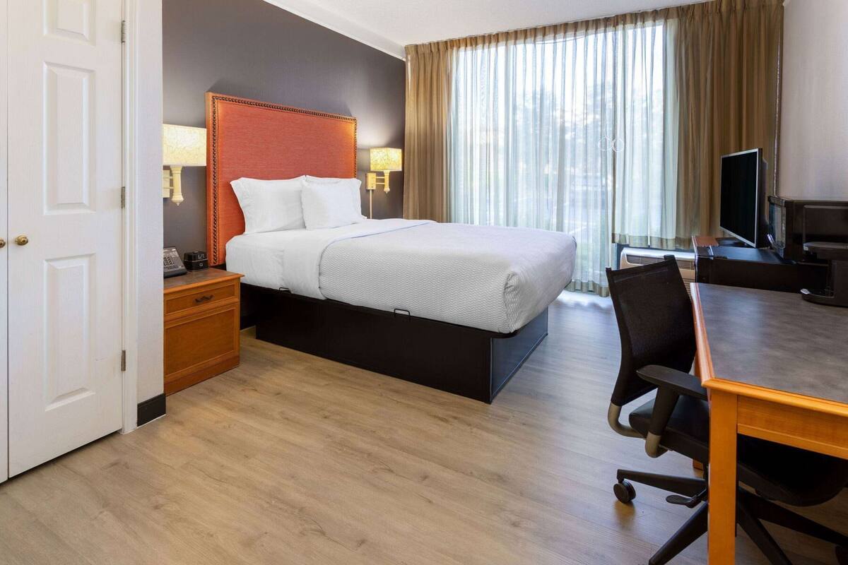 A hotel room with a bed, bedside table, lamp, TV, and a desk with a chair.