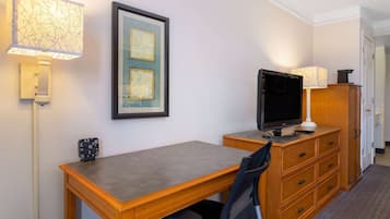 Habitación de hotel con un escritorio de madera, televisión, silla, lámpara y un cuadro en la pared.
