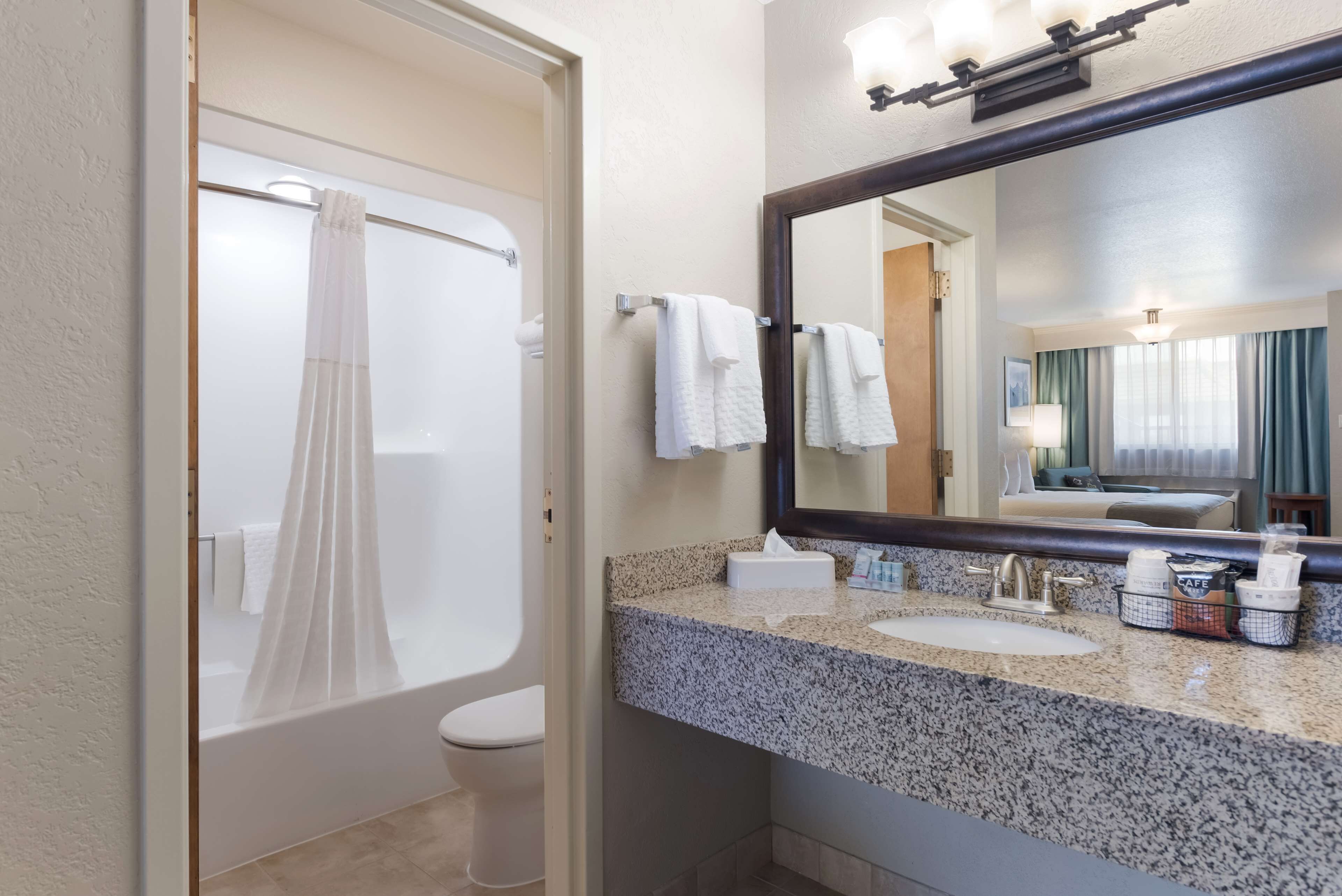 combined shower/bathtub, free toiletries, hair dryer, towels