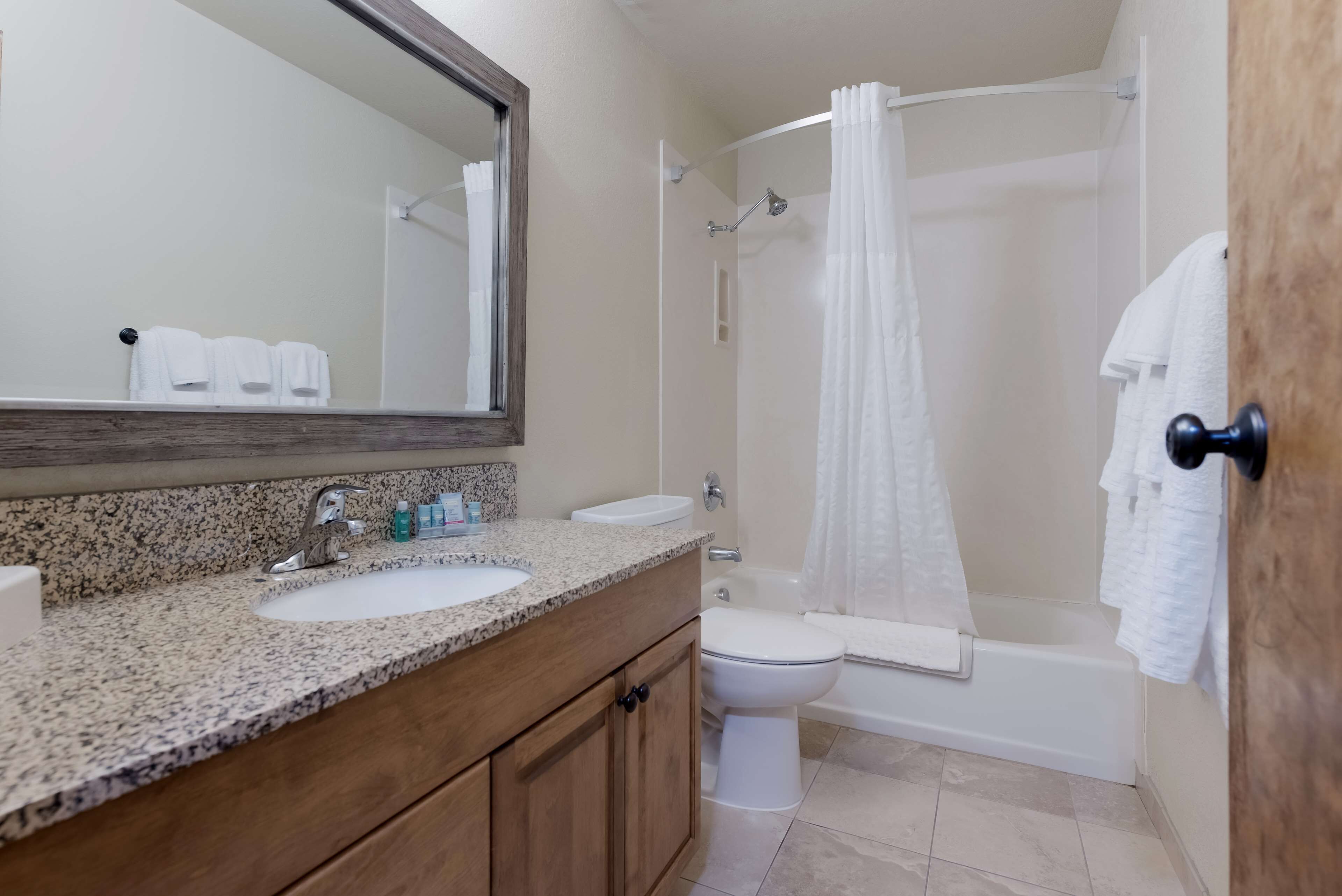 combined shower/bathtub, free toiletries, hair dryer, towels