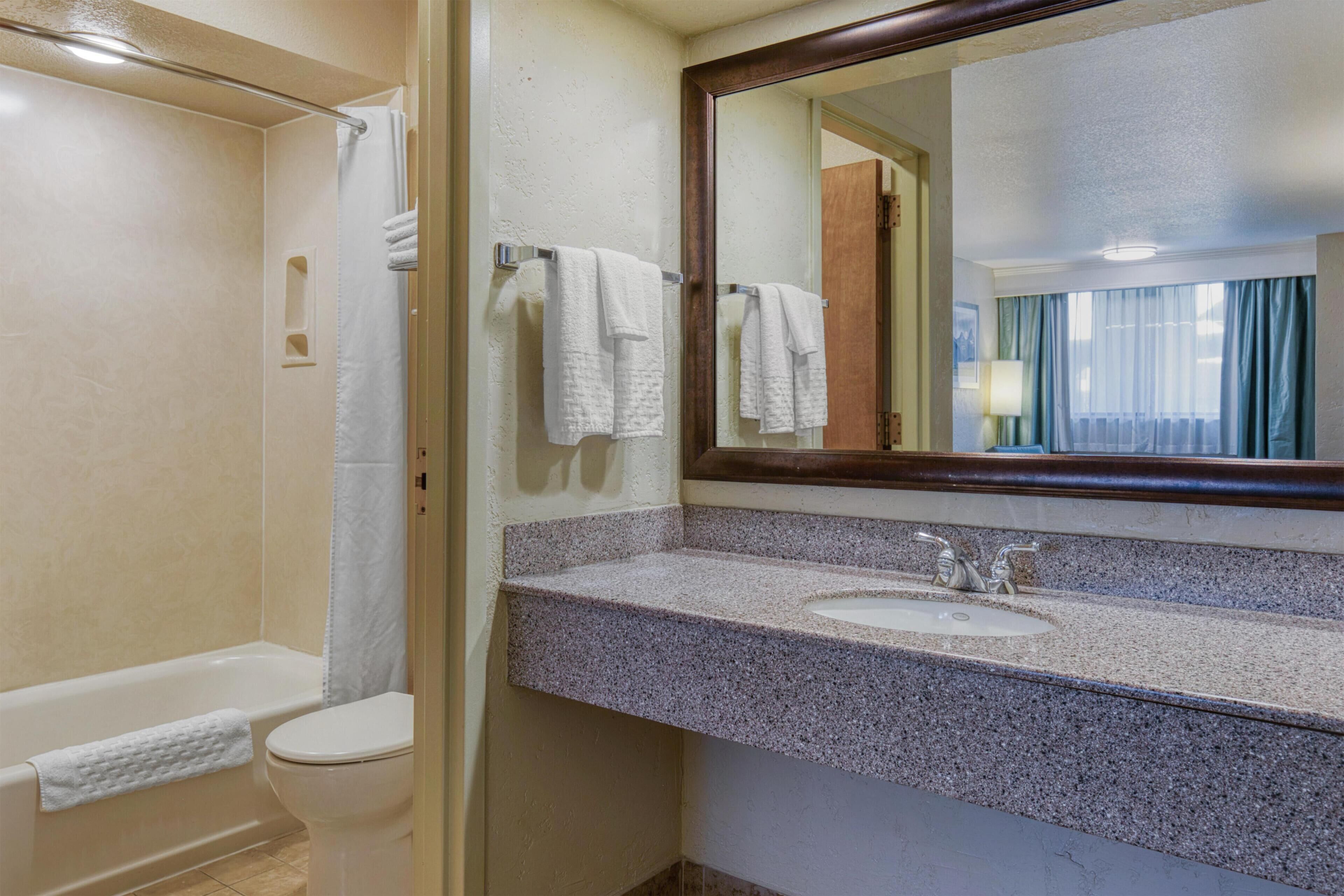 A bathroom with a bathtub, toilet, sink, and a mirror.