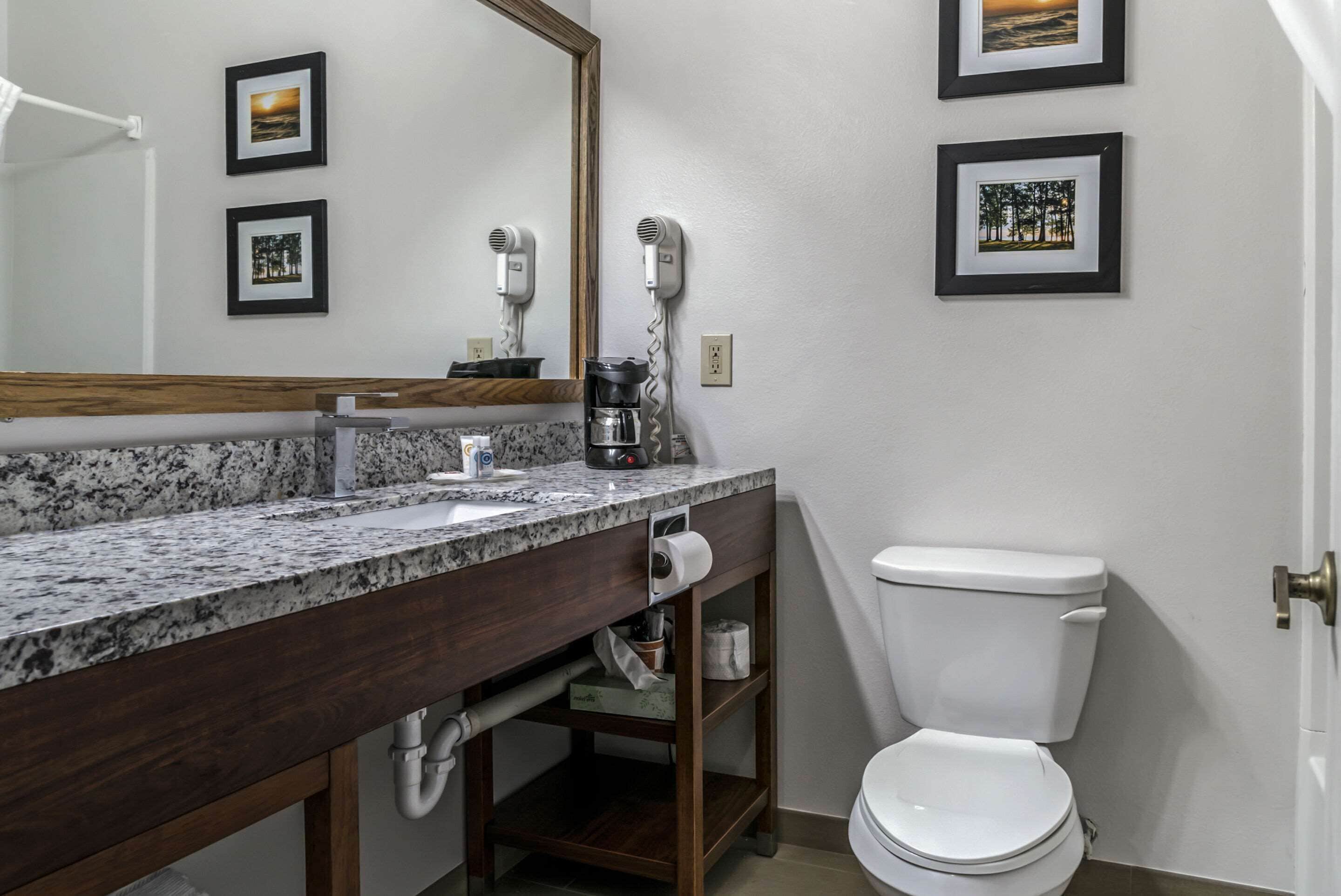 Ein Badezimmer mit Marmorwaschbecken, einer Kaffeemaschine, einer Toilette und gerahmten Bildern an der Wand.