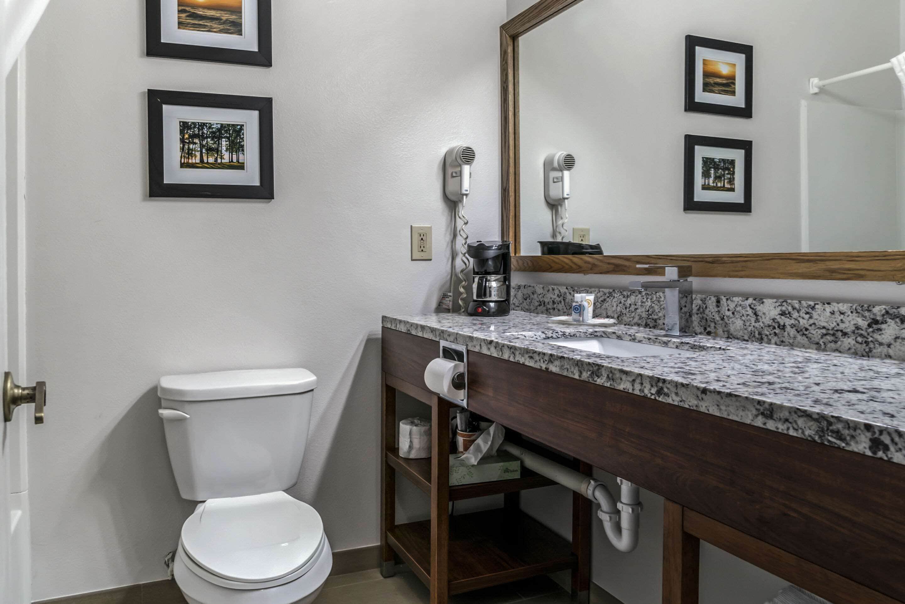 A bathroom with a toilet, a sink with a marble countertop, a coffee maker, and framed pictures on the wall.
