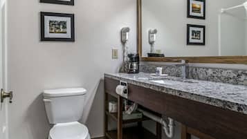 A bathroom with a toilet, a sink with a marble countertop, a coffee maker, and framed pictures on the wall.