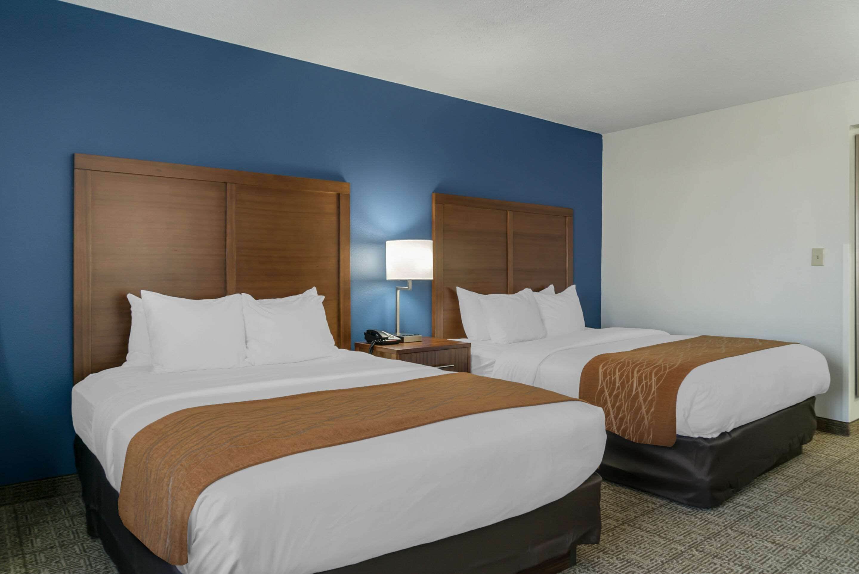 A hotel room with two beds, a nightstand with a lamp, and a blue accent wall.