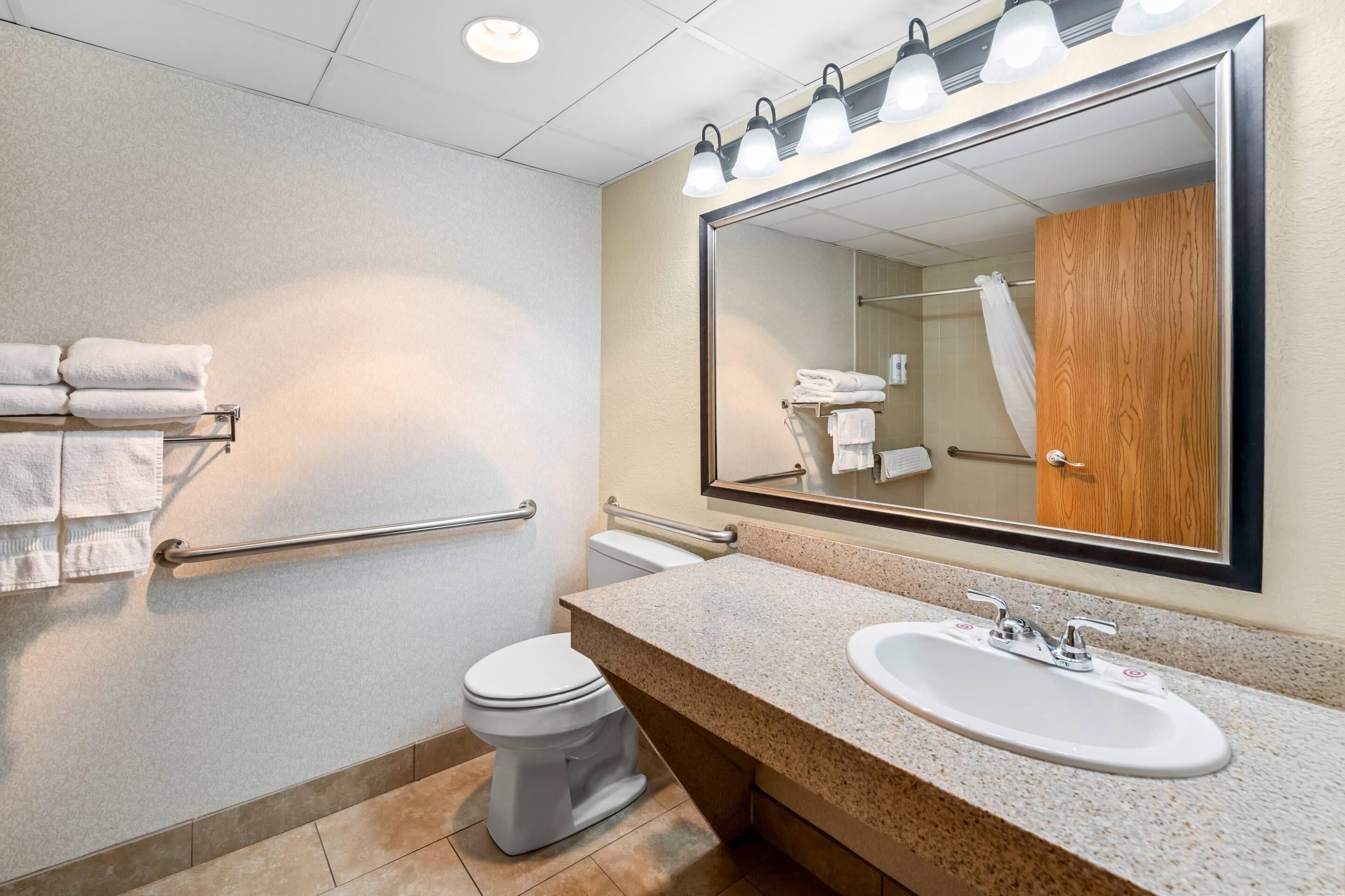 A bathroom with a toilet, sink, and handrails.