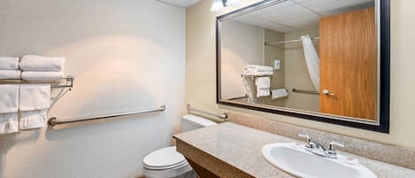 Une salle de bain équipée de toilettes, d’un lavabo et de barres d’appui.