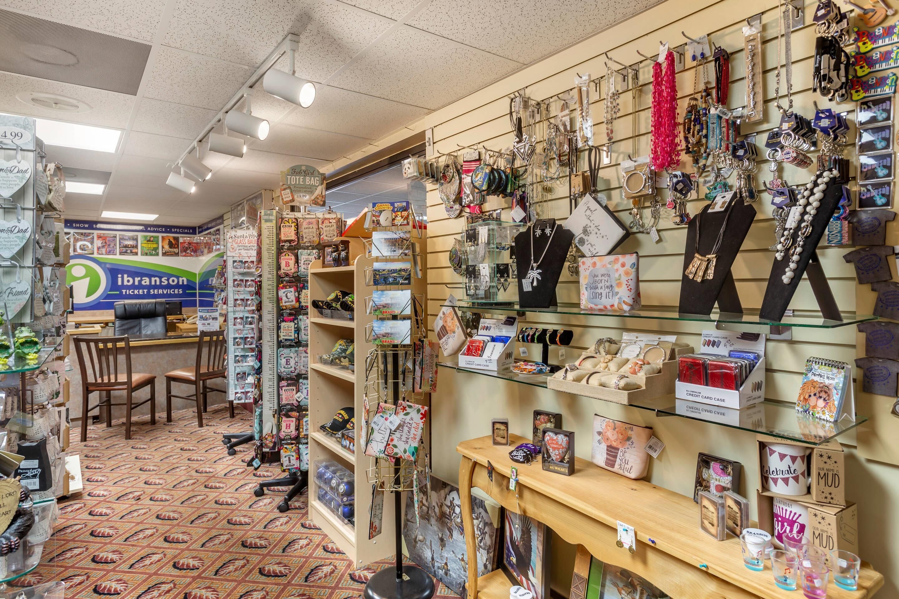 A jewelry store with various items displayed on shelves and racks.