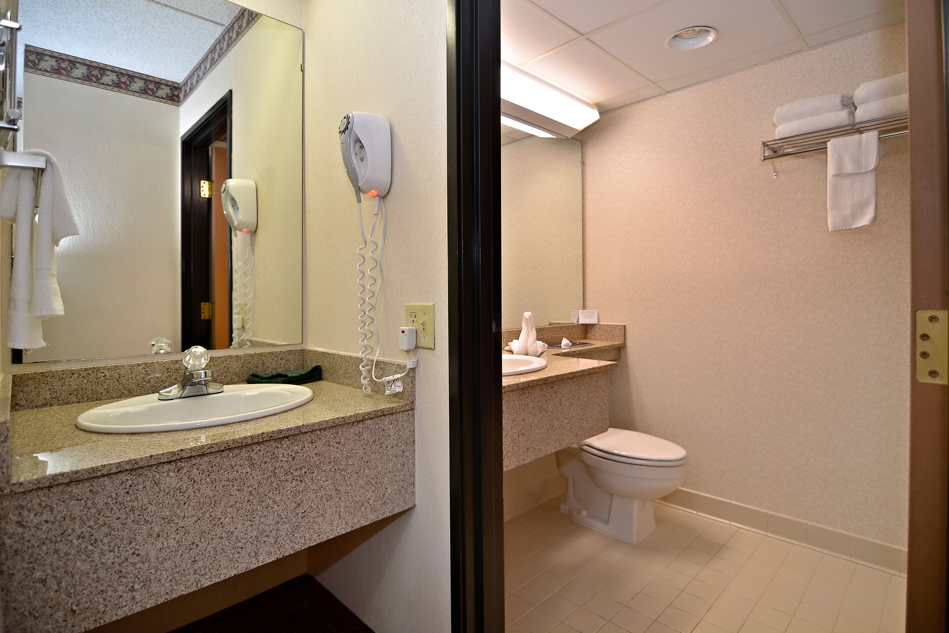 combined shower/bathtub, free toiletries, hair dryer, towels