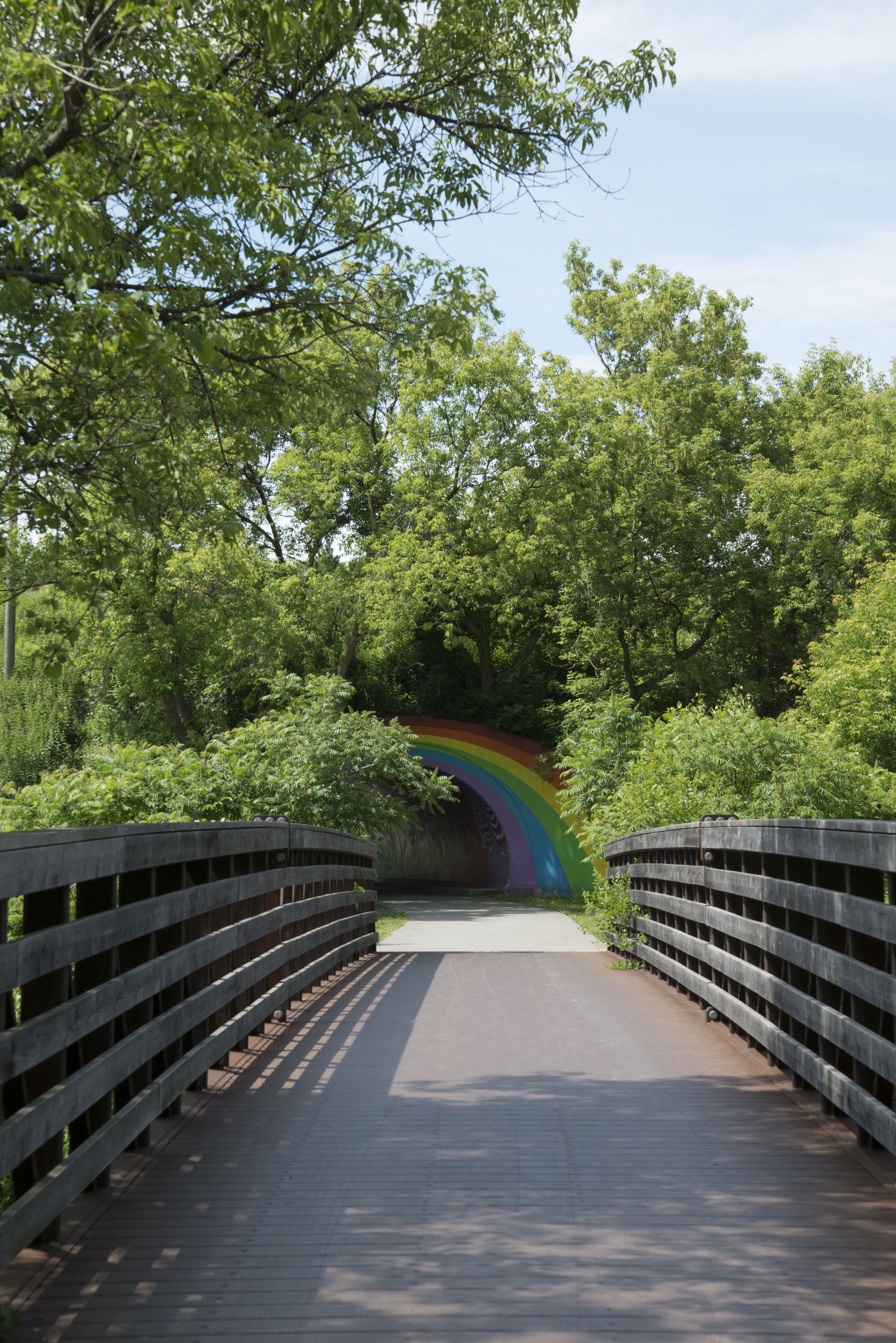 A wooden bridge with a rainbow painted on the side, surrounded by lush green trees.