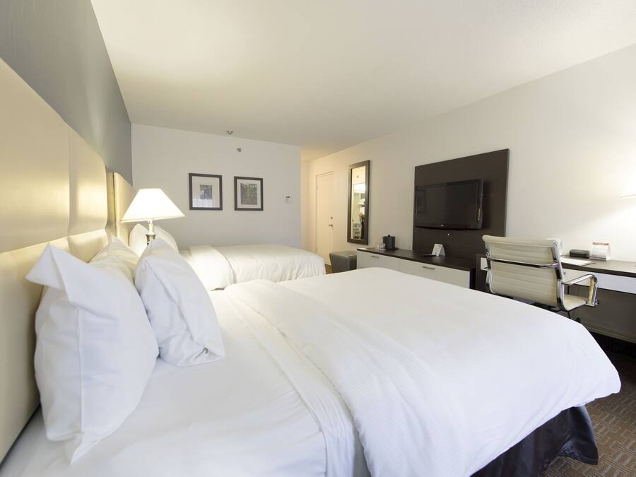 Una habitación de hotel con dos camas, un escritorio, una silla, un televisor y una lámpara.