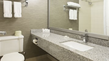Een badkamer met een wastafel van graniet, een toilet, een handdoekhouder en een spiegel.