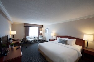 Quarto de hotel com uma cama grande, uma escrivaninha com televisão, uma cadeira e duas mesas de cabeceira com abajures.