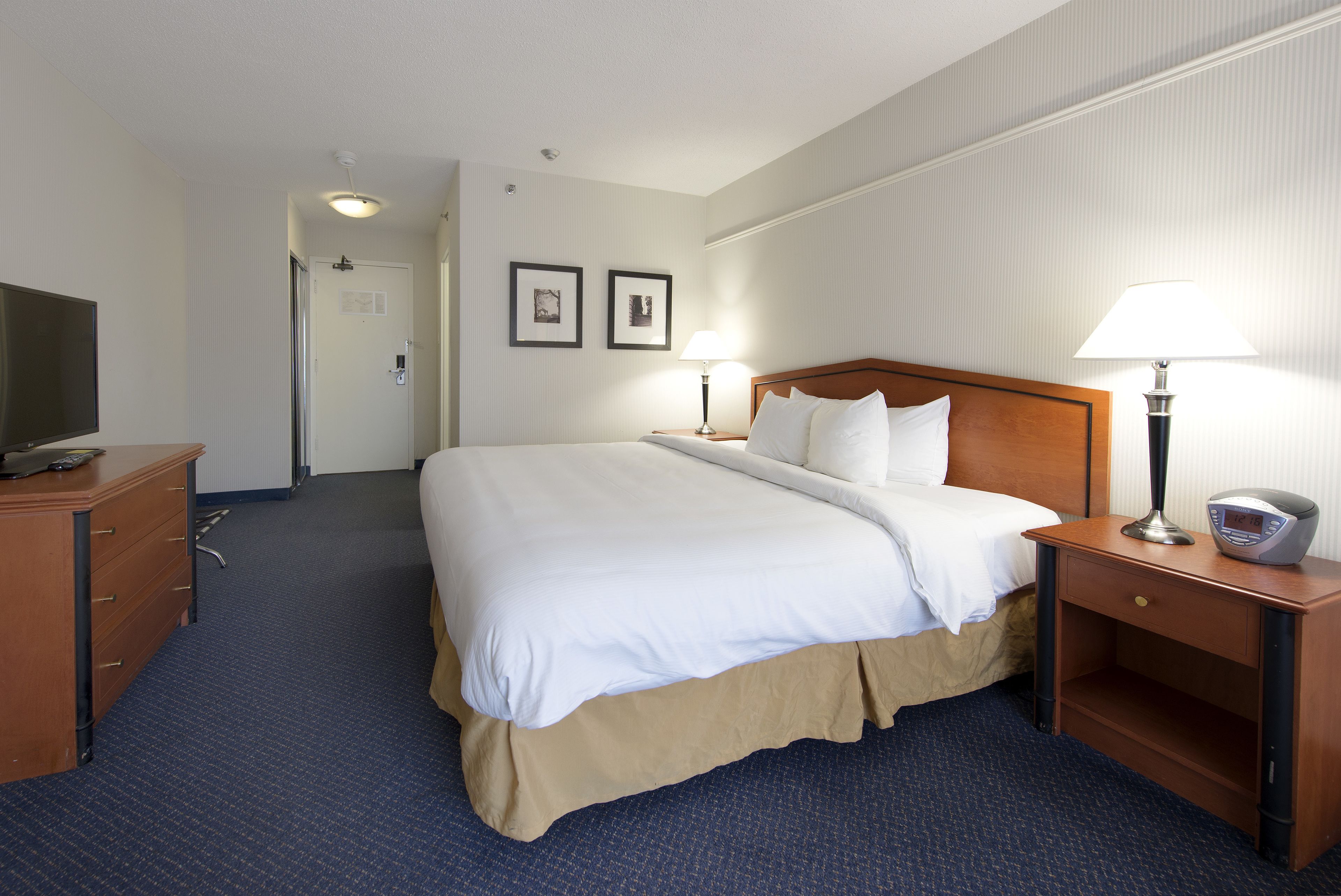 Quarto de hotel com uma cama grande, duas luminárias de cabeceira, uma TV em uma cômoda e uma porta que dá para outro cômodo.