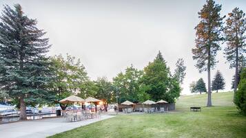 An outdoor patio area with tables and chairs, surrounded by trees and a grassy hill.