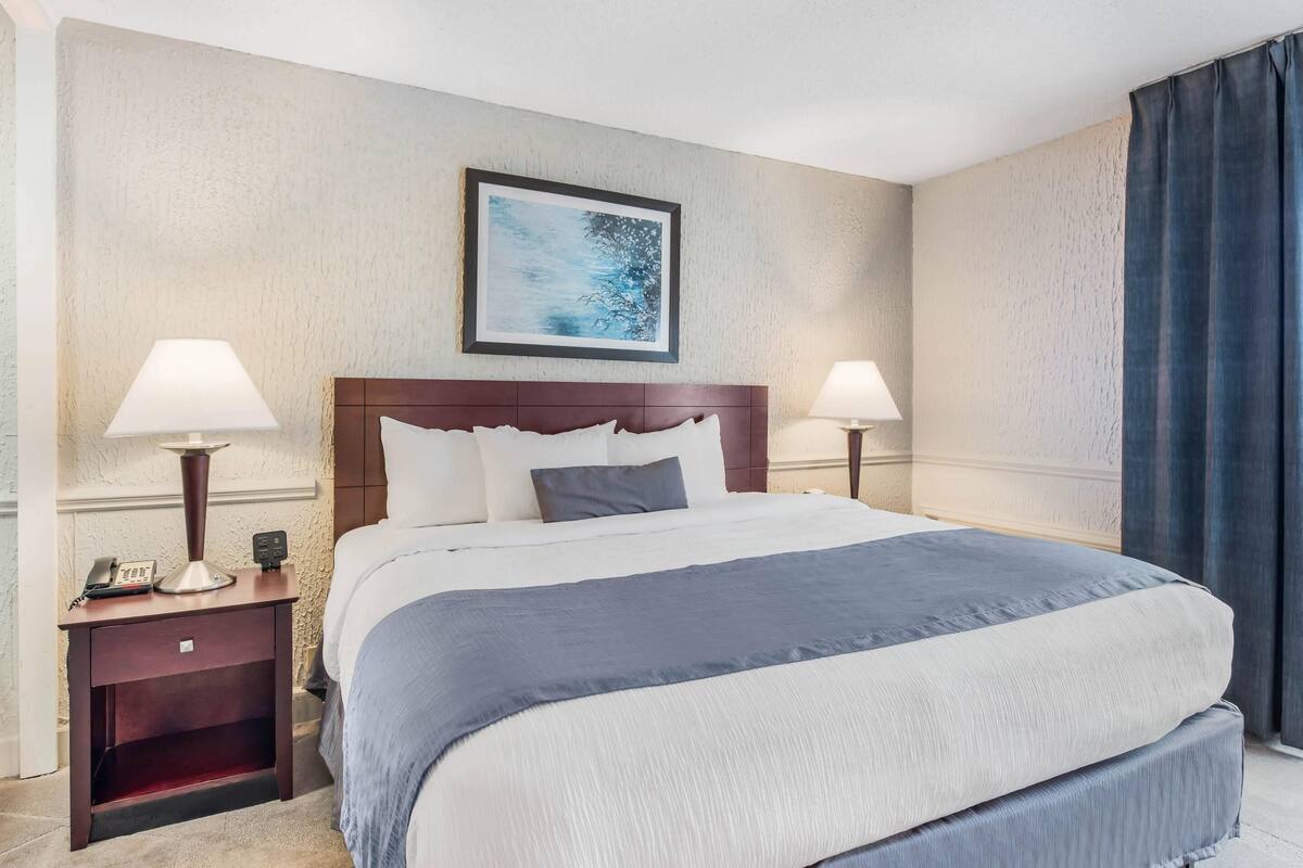 A hotel room with a large bed, two bedside lamps, a telephone, and a painting on the wall.