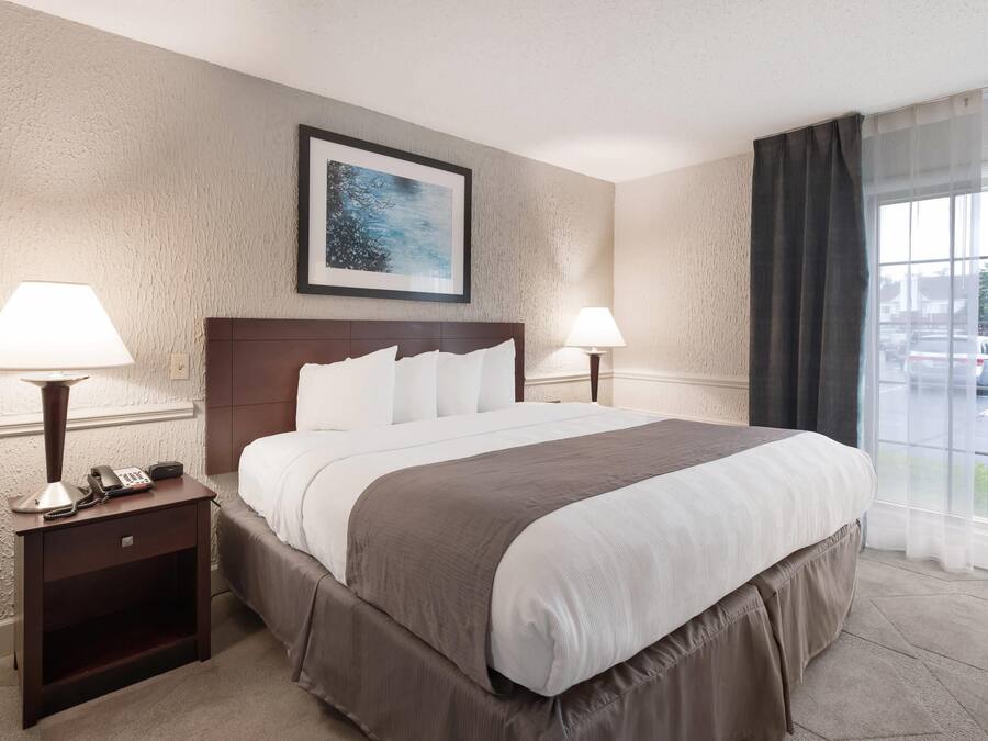 A hotel room with a large bed, two bedside tables with lamps, a framed picture on the wall, and a view of the outside through a window.