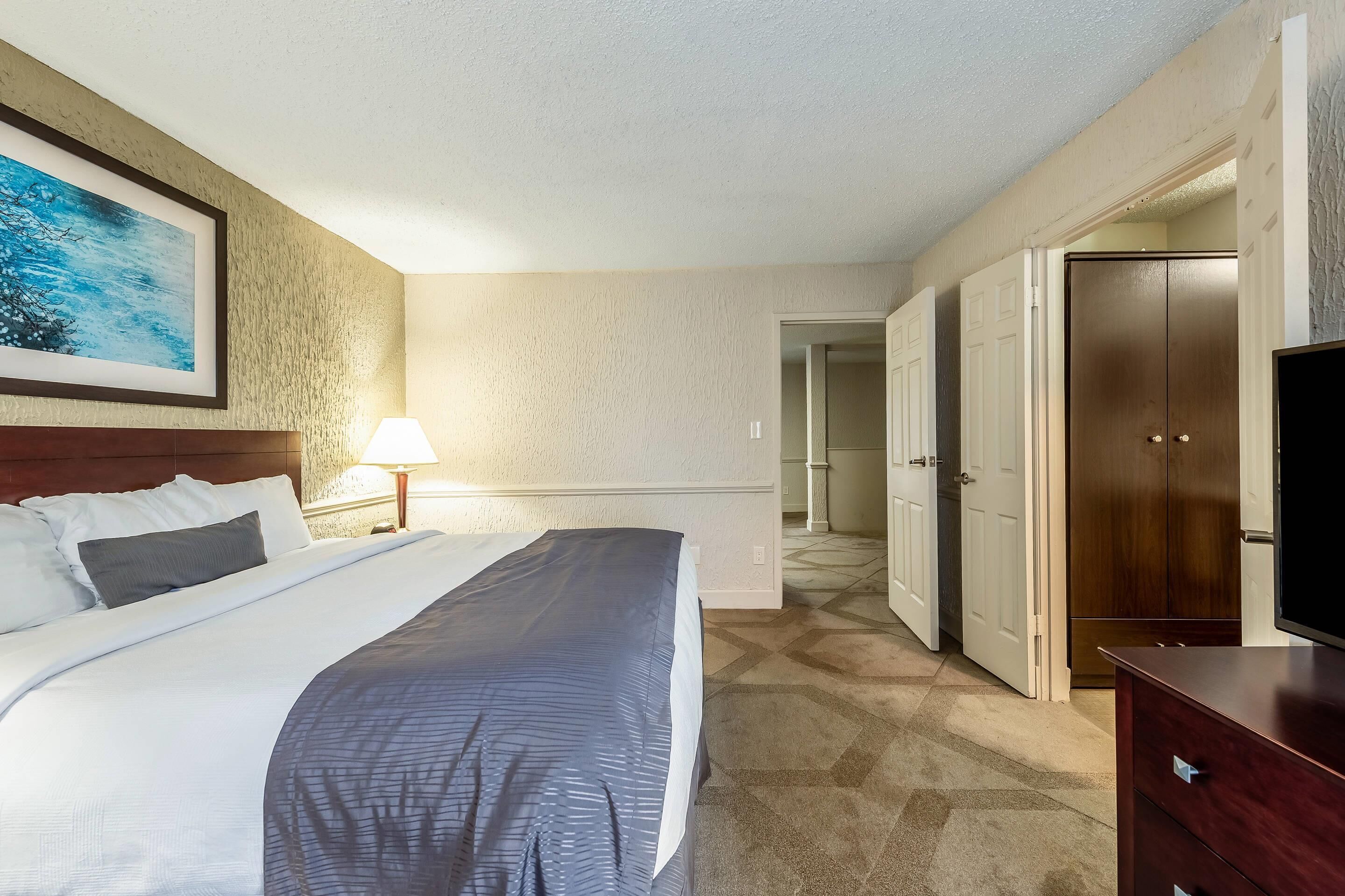 A hotel room with a large bed, a TV, a painting on the wall, and a door leading to another room.