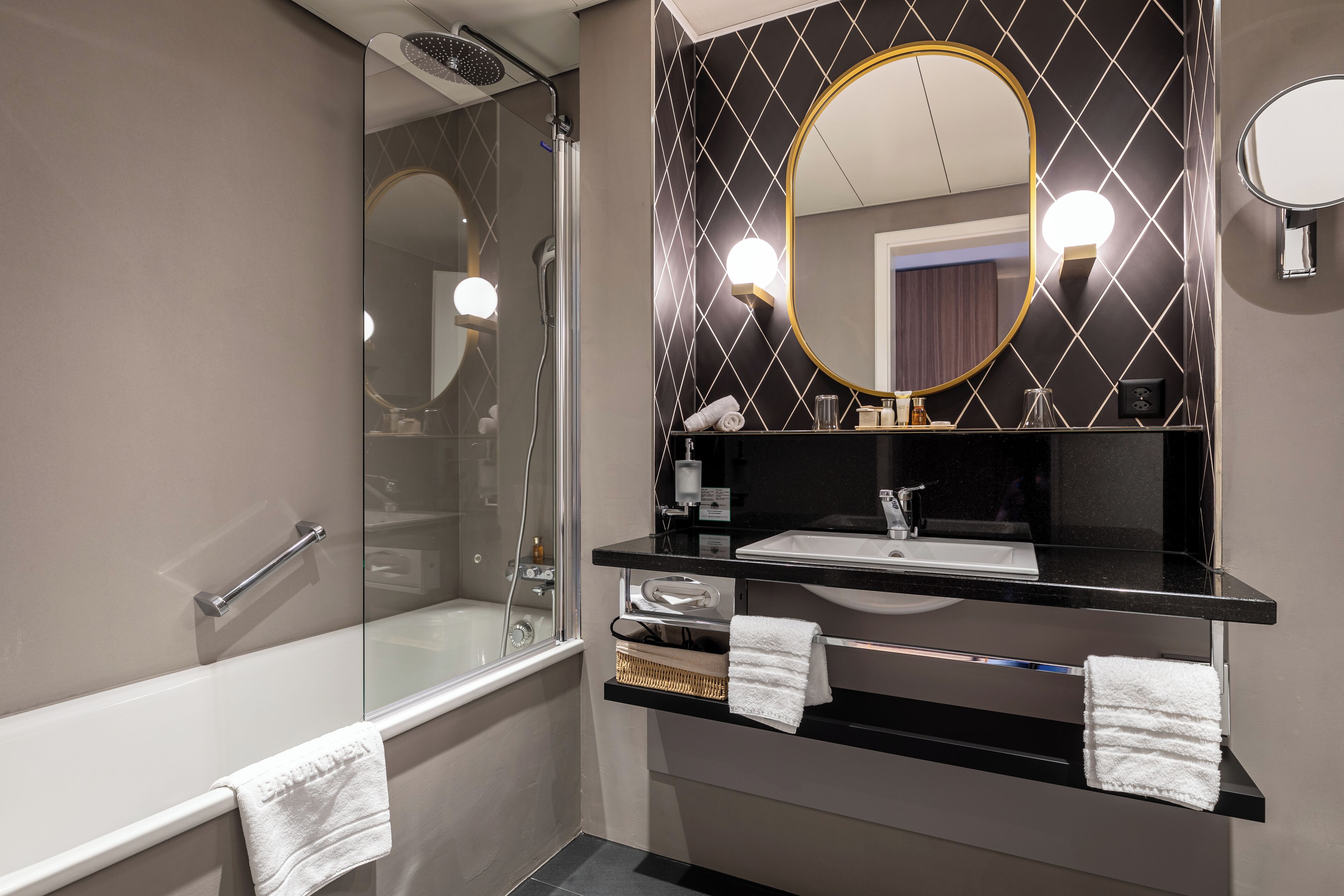 eco-friendly toiletries, hair dryer, slippers, towels