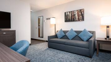 A modern hotel room with a grey sofa, a flat-screen TV, a wooden table, a blue patterned carpet, and a framed forest picture on the wall.
