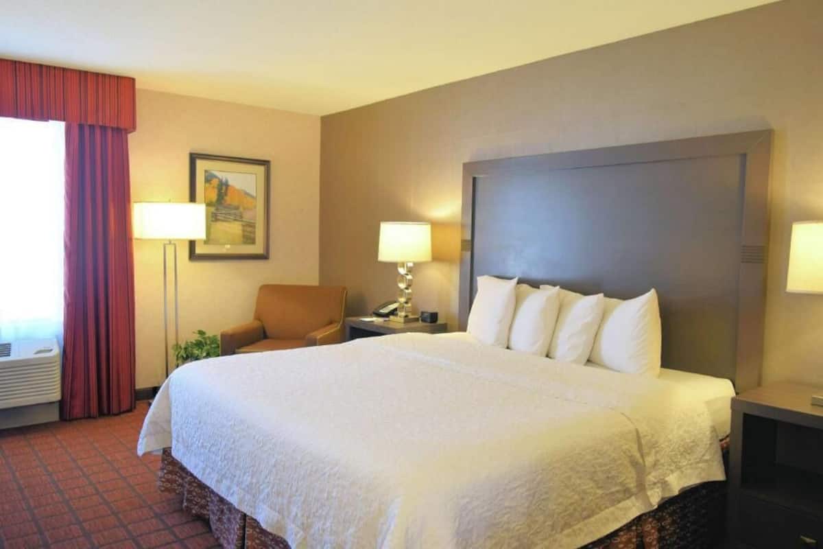 A hotel room with a large bed, two bedside tables, a chair, a lamp, and a framed picture on the wall.