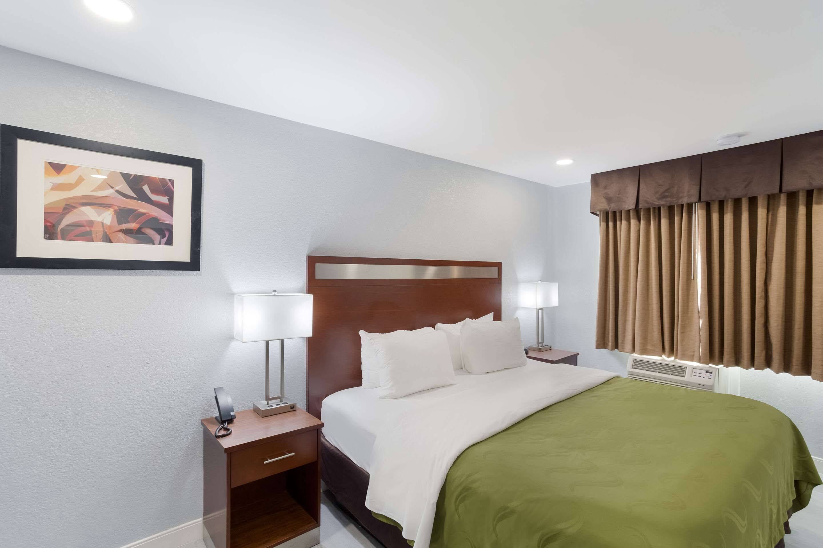 Habitación de hotel con cama, mesitas de noche, lámpara, un cuadro enmarcado y una ventana con cortinas.