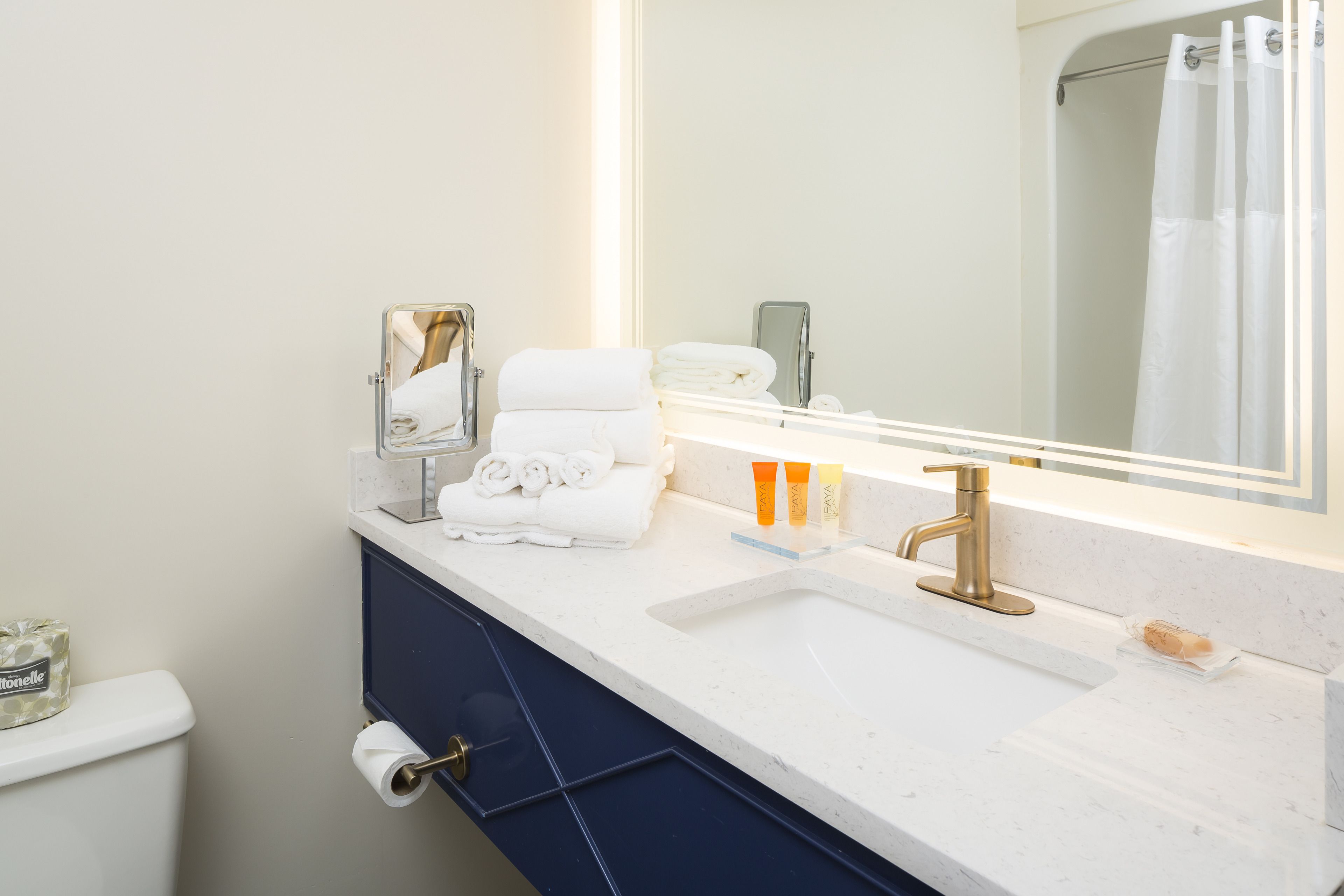 eco-friendly toiletries, hair dryer, towels