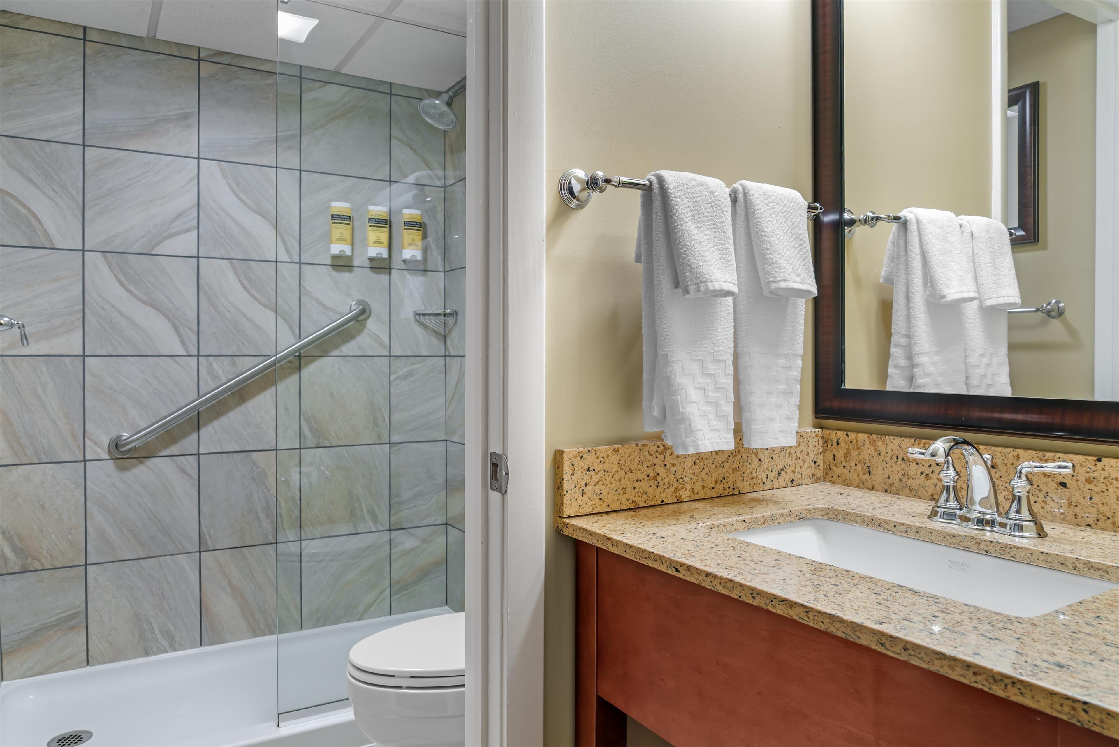 standard room, 1 king bed, non smoking, microwave | bathroom | hydromassage showerhead, free toiletries, hair dryer, towels